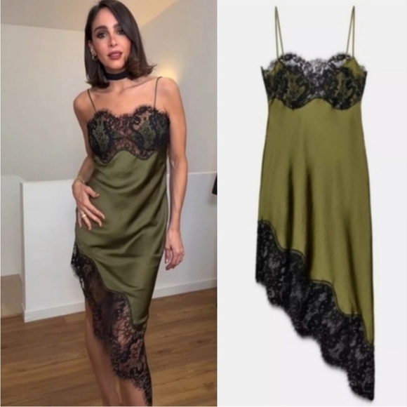 Zara Dresses & Skirts - Zara Olive Green Satin Asymmetrical Slip Dress with Black Lace